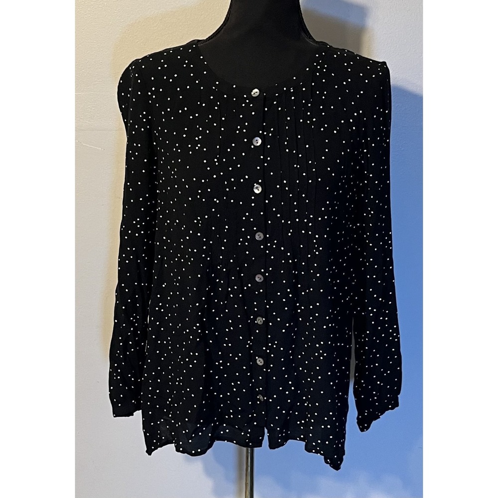 J. Jill Blouse Womens Small Black Polka Dot Button Front Long Sleeve Woven Top